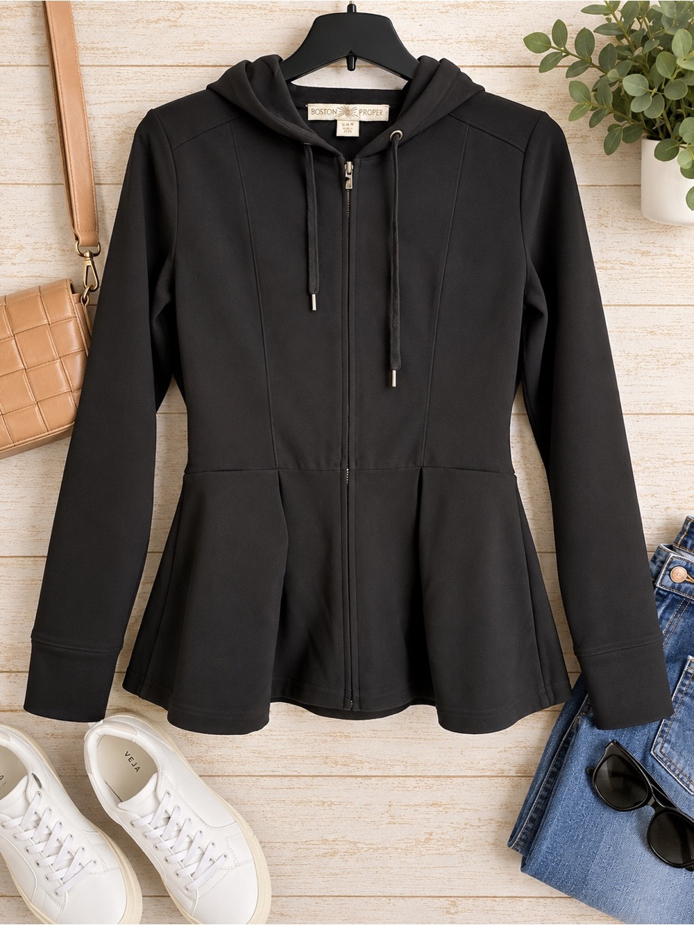 Boston Proper Black Peplum Zip Hoodie with Drawstring